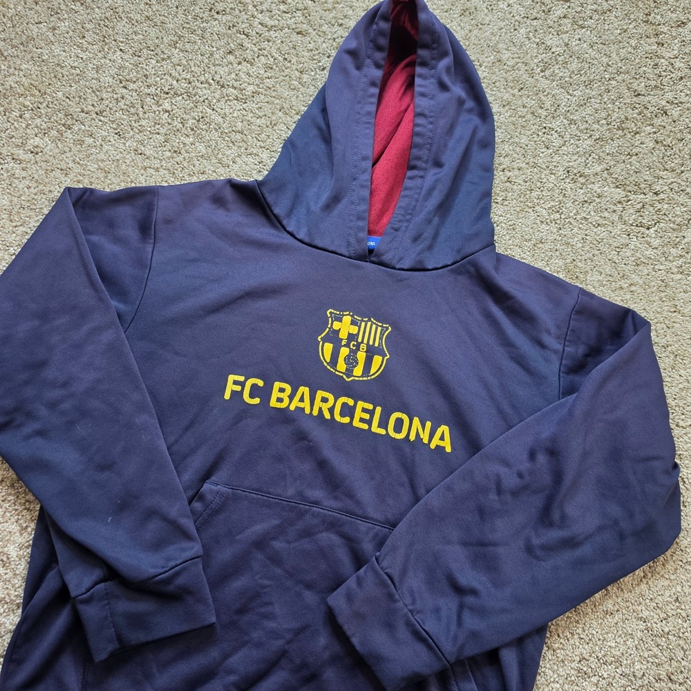 FC Barcelona Hoodie Kids Youth Large Navy Blue Soccer Pullover Sweater Boys